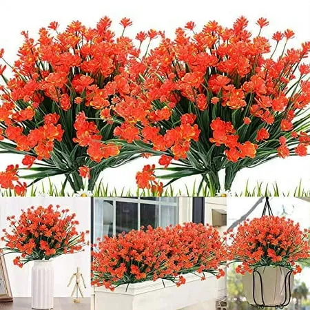 KLEMOO Artificial Flowers 8 Bundles Fake Outdoor UV Resistant Greenery Faux Plants Shrubs for Indoor Outside Hanging Planter Home Office Wedding Farmhouse Decor (Orange Red)