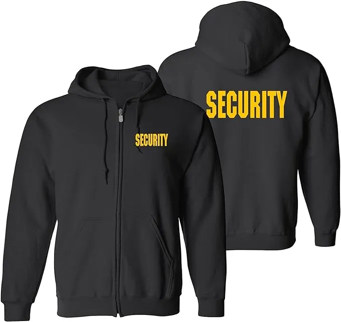 RYNO GEAR Men's Security Guard Silkscreen Front & Back Black Full Zip Hoodie, Fleece Hoodie.