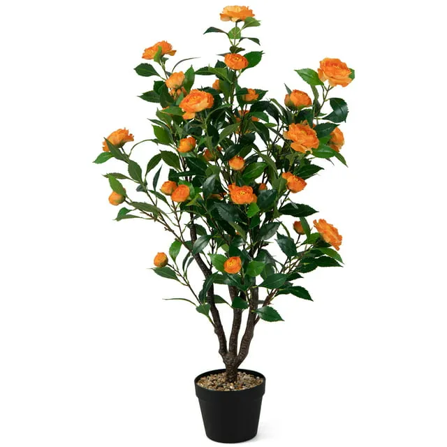 Goplus 40” Artificial Camellia Tree, Flower Plants Artificial Tree, Faux Floral Plant Blooming Tree in Cement Pot, Greenery Potted Plant for Indoor Outdoor Office Home Porch Decor, Free Maintenance