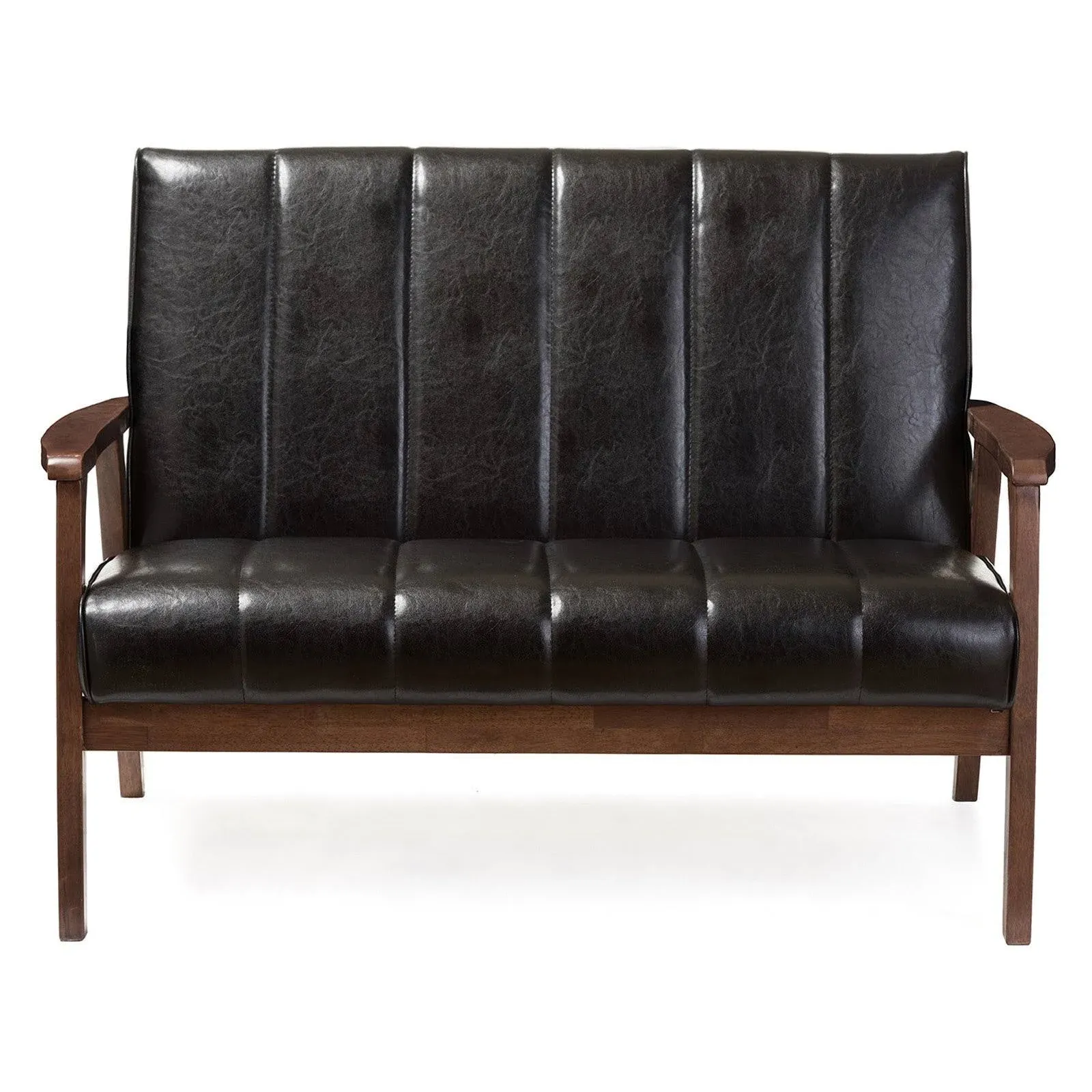 Baxton Studio Nikko Mid-Century Modern Scandinavian Style Black Faux Leather Wooden 2-Seater Loveseat