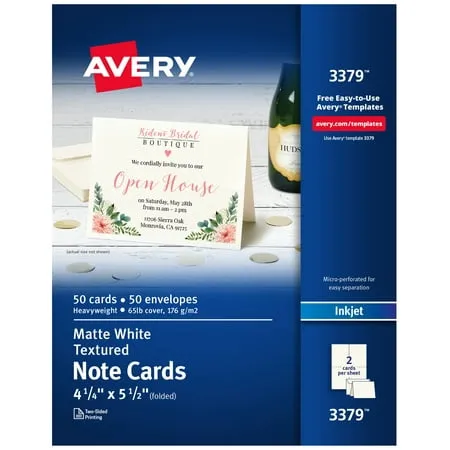 Avery Note Cards, Uncoated, Matte, Two-Sided Printing, 4-1/4" x 5-1/2", 50 Cards (3379)