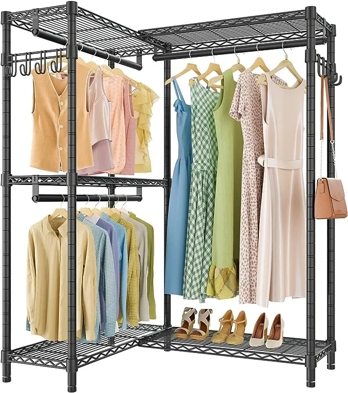 VIPEK L4 Garment Rack L Shaped Clothes Rack for Corner, Freestanding Portable Wardrobe Closet Heavy Duty Clothing Rack with 3 Hanging Rods & 2 Side Hooks, 43.3"Lx29.1"Wx76.4"H, Max Load 810LBS, Black