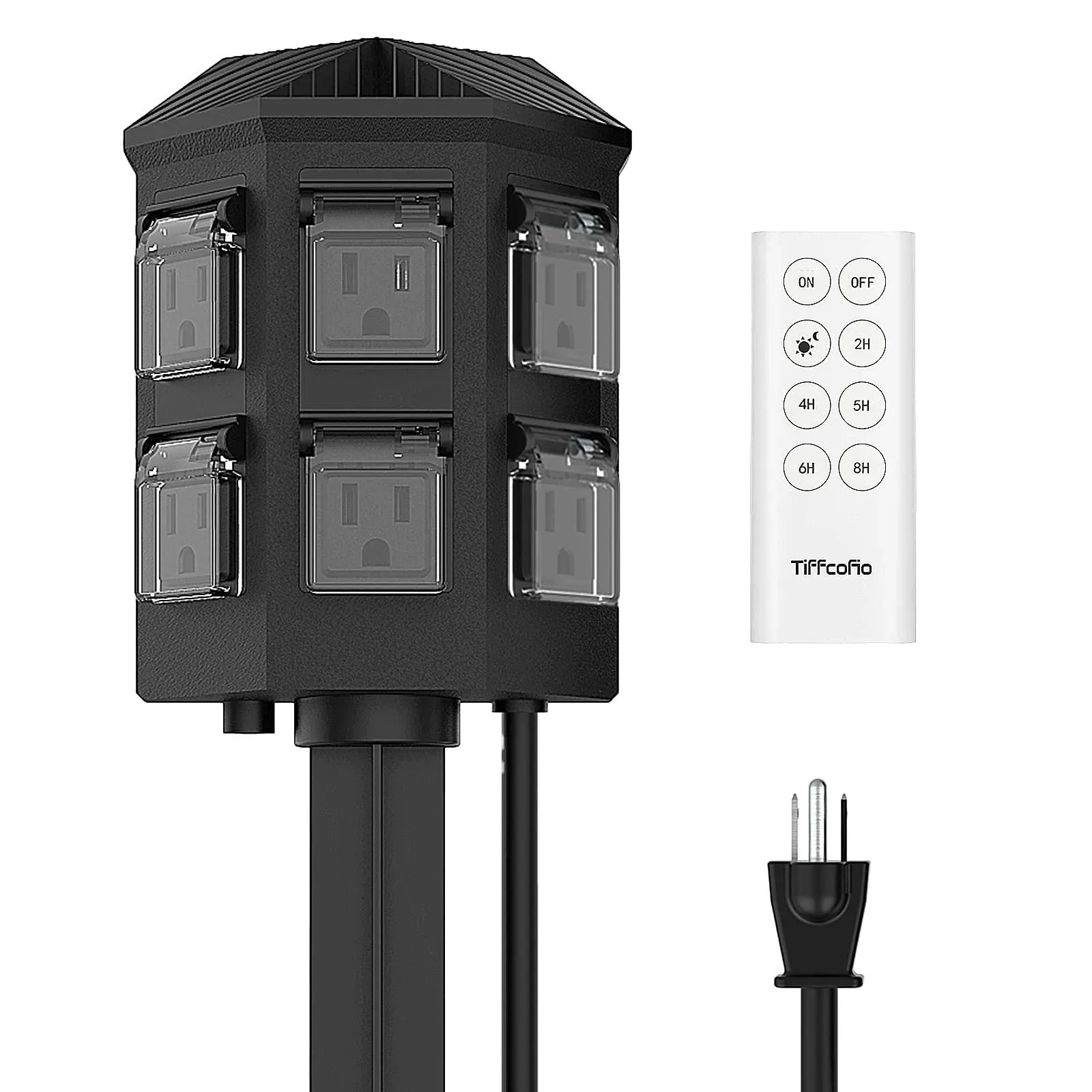 6-Outlet Grounded Outdoor Power Stake Timer with 100 ft. Range, Remote Control, and 6