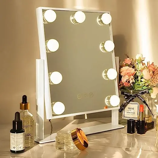 Hansong Vanity Mirror with Lights Lighted Makeup Mirror with 9 LED Bulbs Plug in Light Up Makeup Mirror with Lights 360 Rotation with 10x Magnifying