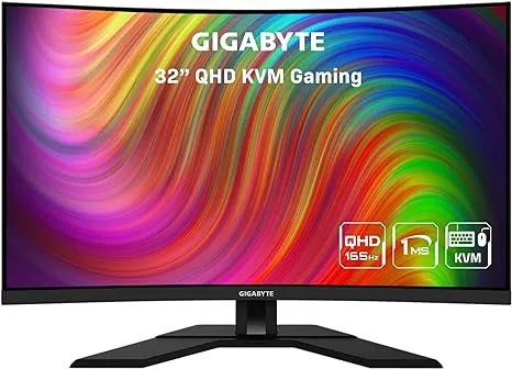 GIGABYTE M32QC 32" 165Hz 1440P QHD -KVM Gaming -Monitor, 2560 x 1440 VA Display, 1ms (MPRT) Response Time, 94% DCI-P3, 1x DisplayPort 1.2(HDR Ready), 2x HDMI 2.0, 3x USB 3.0, 1x USB Type-C