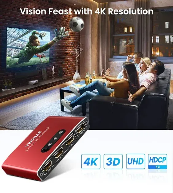 HDMI Switch 3 in 1 Out 4K UHD HDMI Switcher Splitter, Automatic Switch with Remote Metal HDMI Switch Box Hub Support 4K 3D 1080P HDCP1.4 for PS5 PS4 Xbox DVD Player Fire Stick Apple TV PC