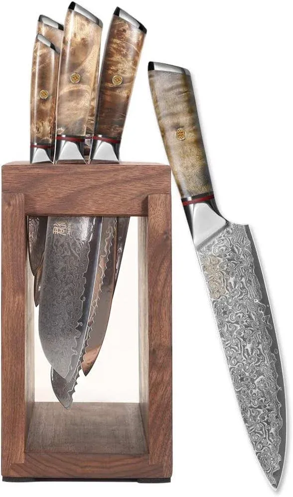 Kitchen Damascus Knife Set Japanese VG-10 Steel Knives Block Set Shadow Wood ...