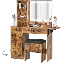 IRONCK Vanity Desk with LED Lighted Mirror & Power Outlet