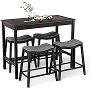 Giantex Dining Table Set for 4, Kitchen Counter Height Table w/ 4 Stools, 5 Piece Bistro Table Set, Rubber Wood Pub Dinette Set w/Upholstered Stools, Space-Saving Table Set for Small Spaces (Black)