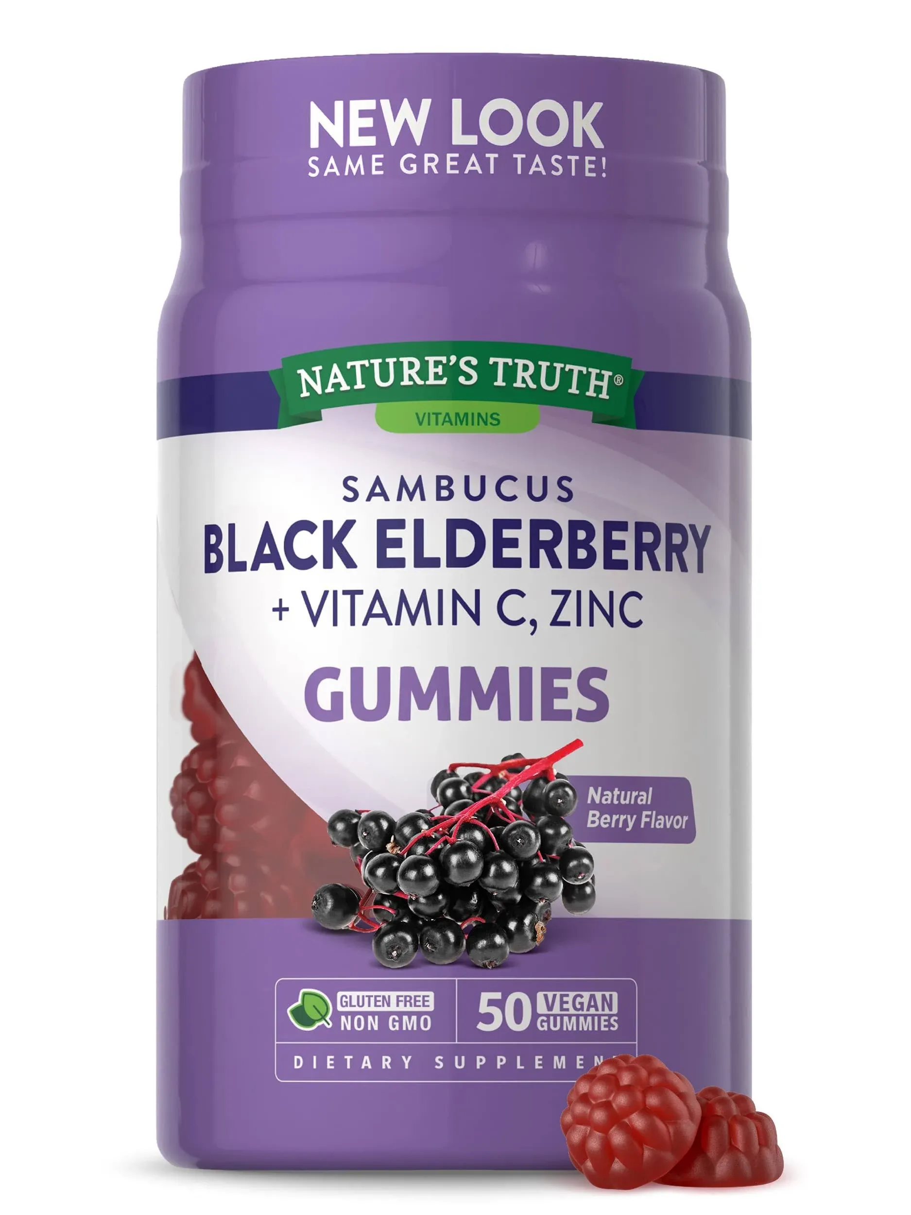 Nature's Truth, Sambucus Black Elderberry Plus Vitamin C, Zinc, Natural Berry, 50 Vegan Gummies