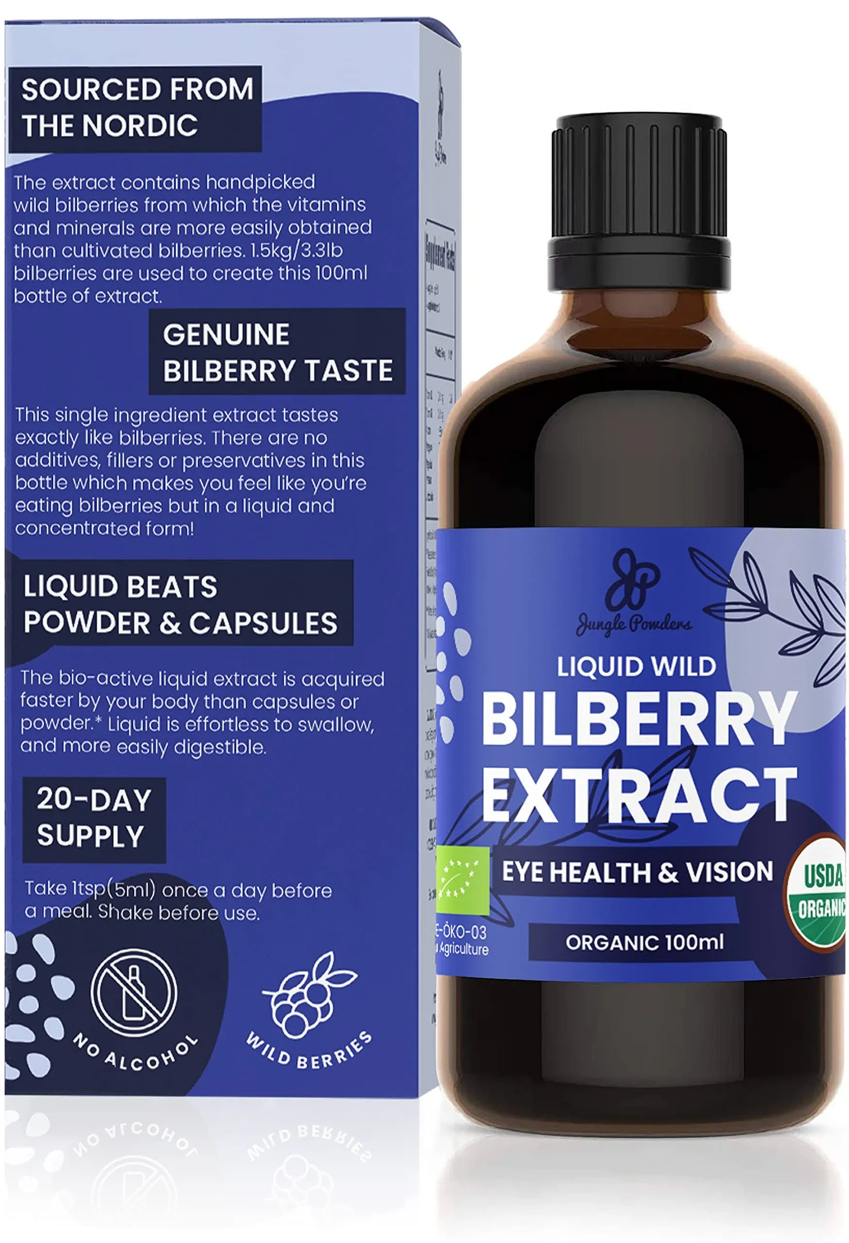 Jungle Powders Wild Bilberry Extract for Eyes USDA Organic 3.4oz Bottle of Liquid Bilberry Anthocyanin Alcohol-Free European Blueberry Bilberry Supplement for Eyes High Bioavailability Liquid Extract