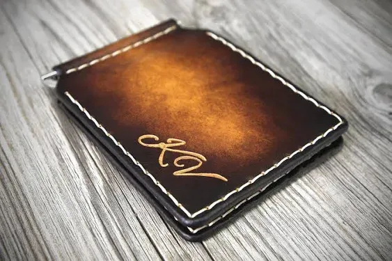 Custom Engraved Money Clip Genuine Leather Wallet, Hand Dyed & Hand Stitched Card Holder with Metal Spring Clip, Personalized Gift for Men