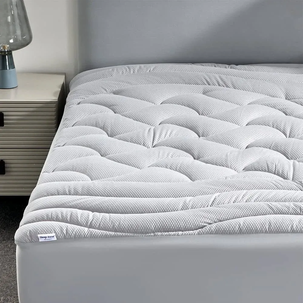 SLEEP ZONE King Size Cooling Mattress Pad, Premium Zoned Quilted Fitted Mattress Topper, Elastic Mattress Protector Cover, Machine Wash Durable, Deep Pocket 8-21 inch, Silver Grey, King