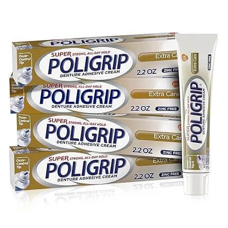 Super Poligrip Extra Care Denture Adhesive Cream, Zinc Free Denture Cream - 2.2 Ounces (Pack of 4)