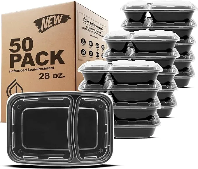 Freshware Meal Prep Containers [50 Pack] 2 Compartment with Lids, Food Storage Containers, Bento Box, BPA Free, Stackable, Microwave/Dishwasher/Freezer Safe (28 oz)