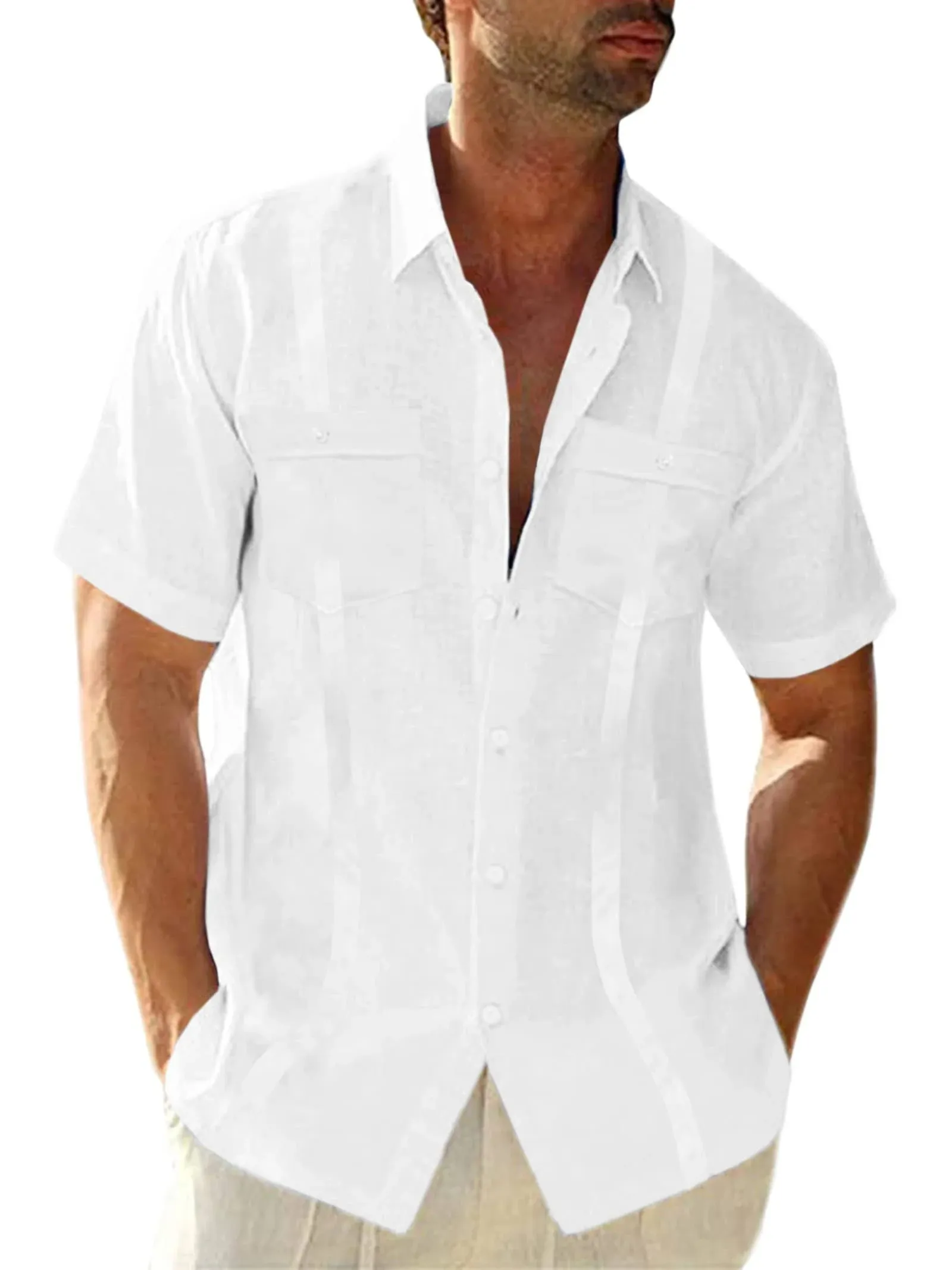 Mens Linen Guayabera Shirt Short Sleeve Button Down Summer Beach Cuban Camp Shir