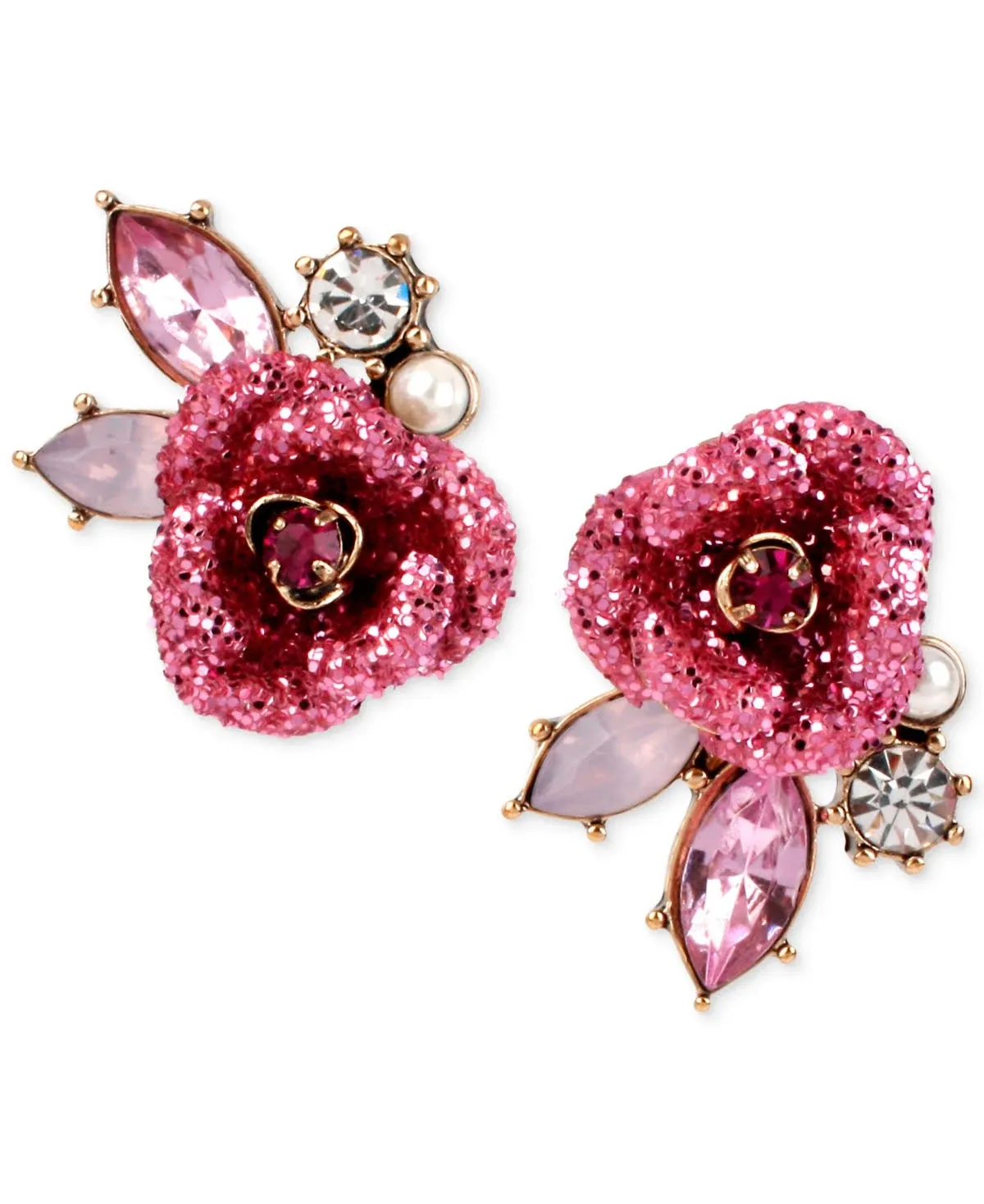 Betsey Johnson Mismatch Stud Earrings | Glitter Rose | Mixed Stones and Pearls