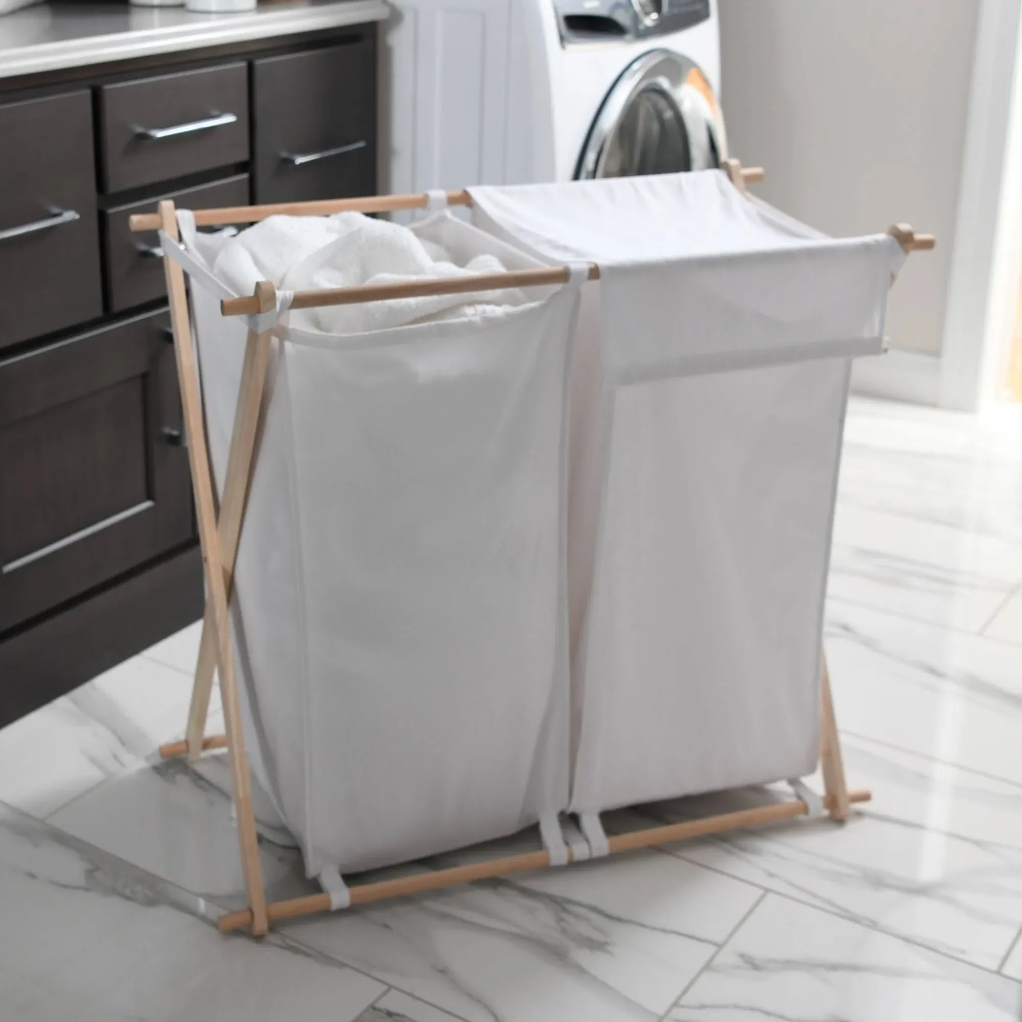 Household Essentials White Househod Essentials Double Laundry Hamper with Wood X Frame Large