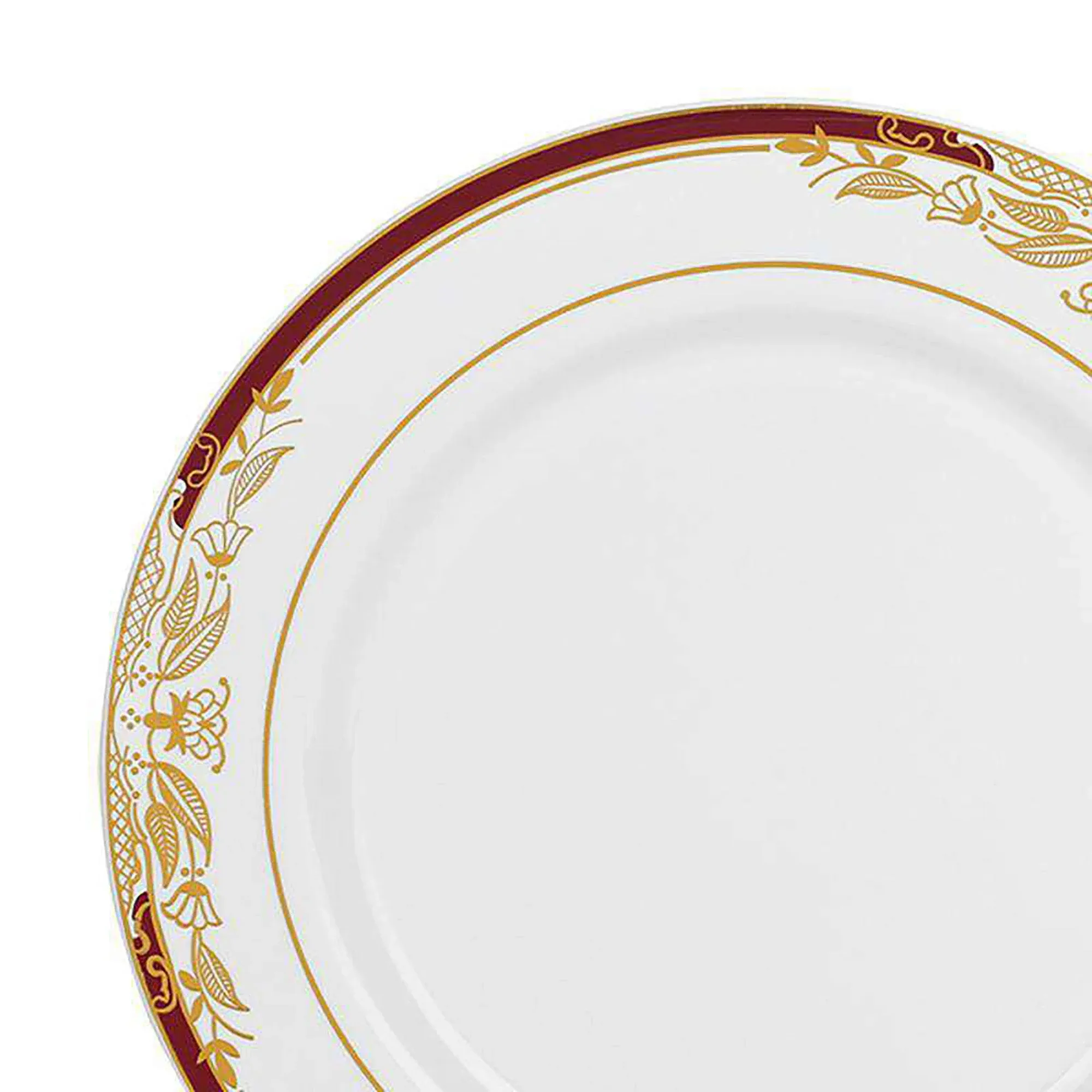 7.5" White with Burgundy and Gold Harmony Rim Plastic Appetizer/Salad Plates (120 plates), 120PK