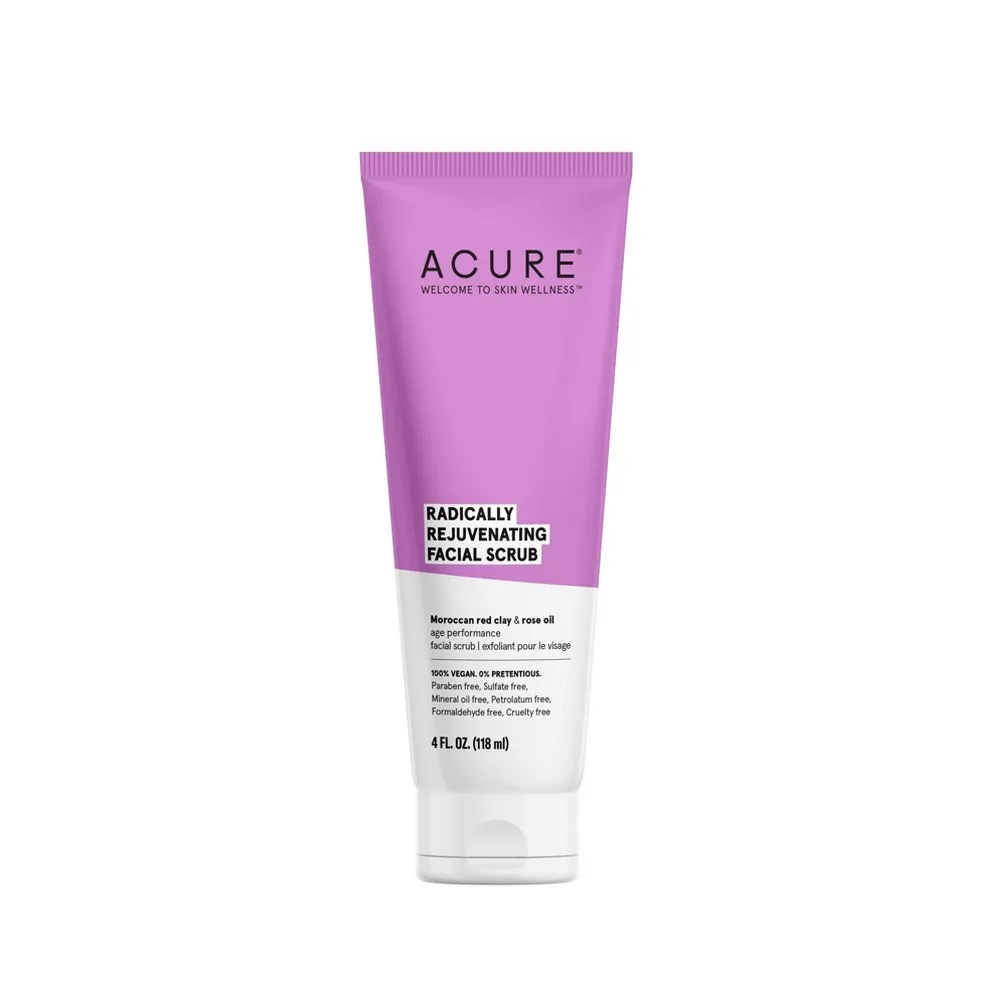 Acure Radically Rejuvenating Facial Scrub, 100% Vegan, Provides Anti-Aging Support, Moroccan Red Clay & Rose Oil, Gently exfoliates and Softens, Packaging May Vary, 4 Fl Oz 