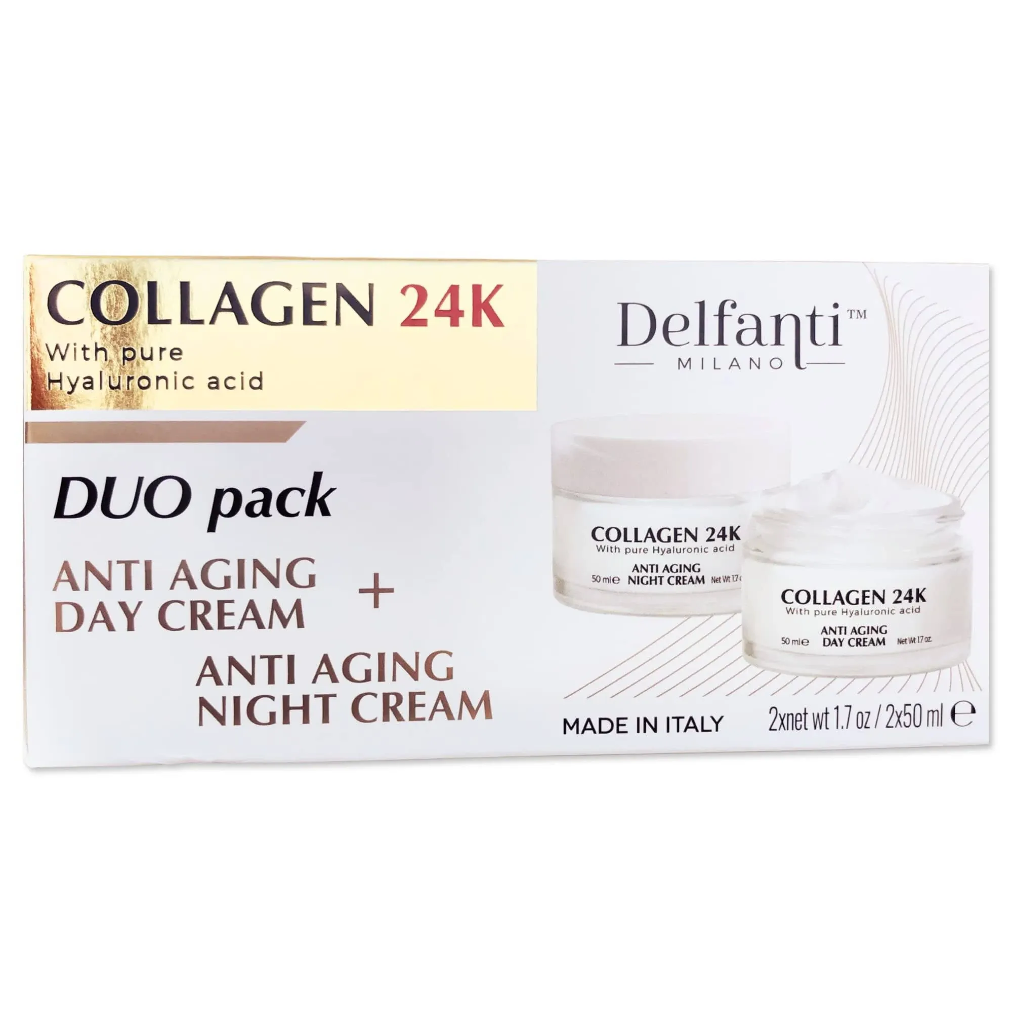 Delfanti • COLLAGEN 24K • Anti-Aging DUO pack • Day Cream jar PLUS Night Cream jar• Face, Neck and Décolleté Moisturizers with pure Hyaluronic Acid • Made in Italy