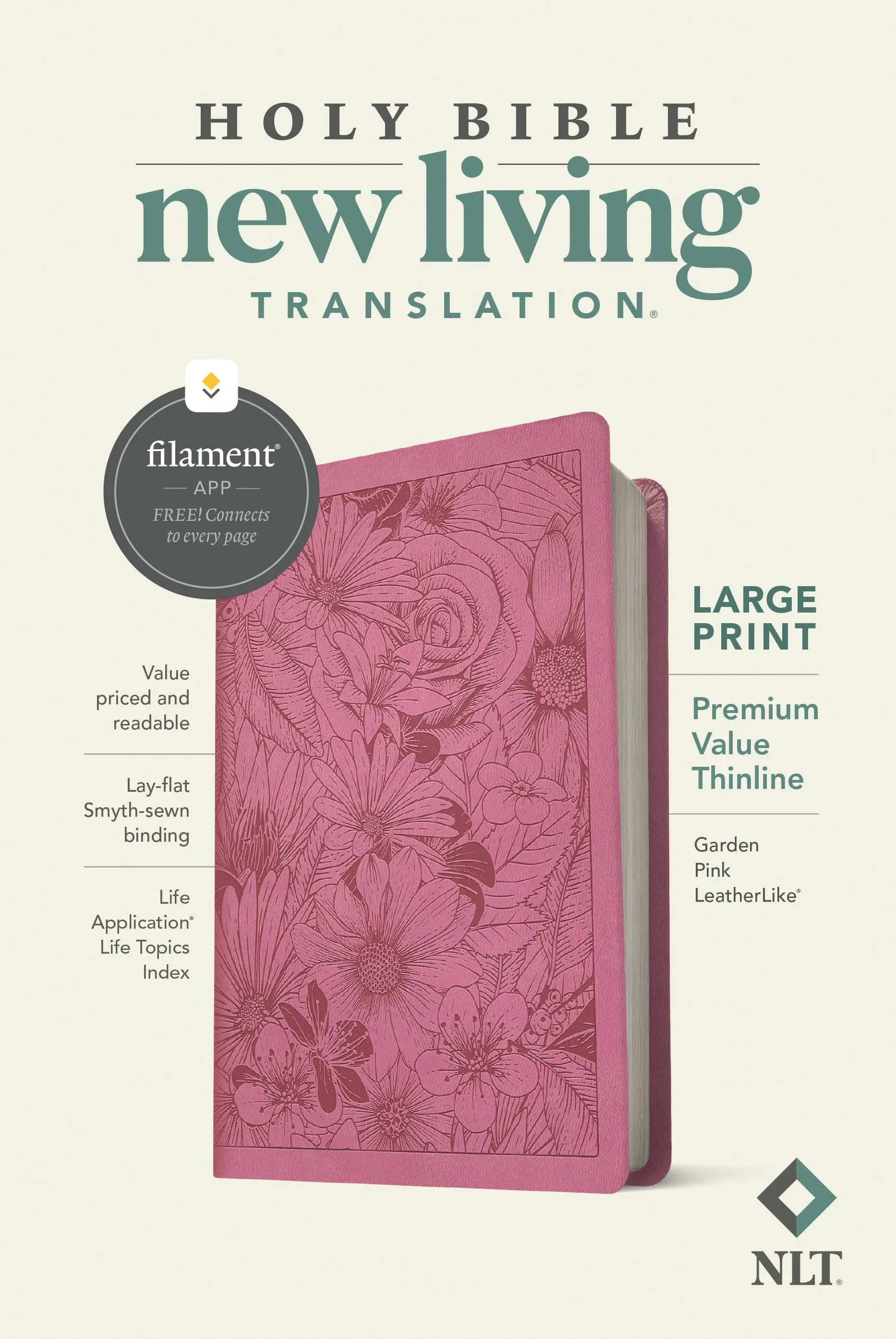 NLT Large Print Premium Value Thinline Bible, Filament-Enabled Edition (LeatherLike, Garden Pink) 