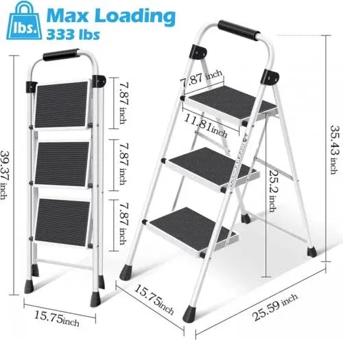 KINGRACK 3 Step Ladder,Step Ladder 3 Folding,Step 3 Step, White