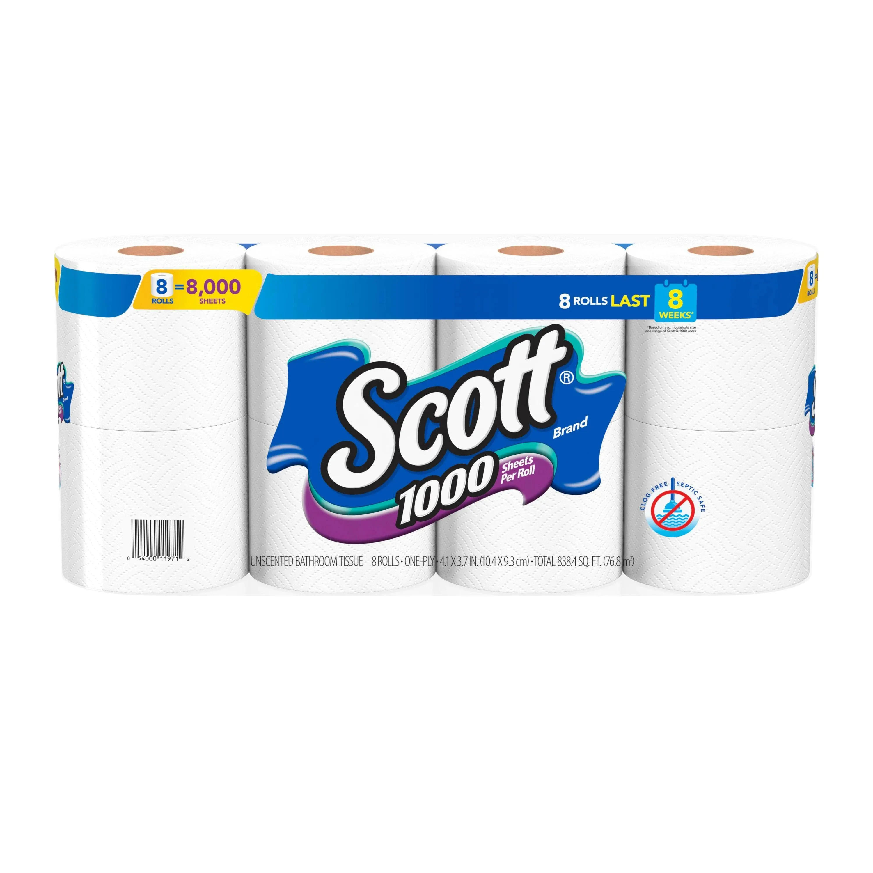 Scott 1000 Sheets Bathroom Tissue, Toilet Paper, 8 Rolls