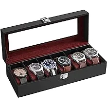 SONGMICS Lockable Watch Box with Keys Black + Wine Red / 6 Slot