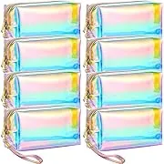 Dunzy 8 Pcs Holographic Clear Makeup Bags with Zipper Travel Cosmetic Bag Iridescent Makeup Pouches with Wrist Loop Waterproof Toiletry Organizer Case Home Office Purse Diaper Bag Vacation Gift(M)