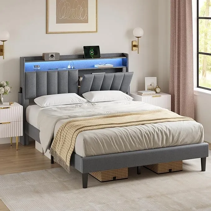 Queen Bed Frame with Storage Headboard, Upholstered Platform Bed with LED Lights