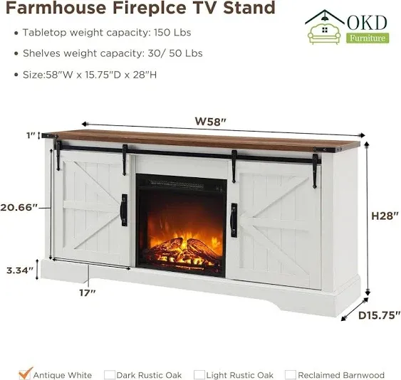 Farmhouse Electric Fireplace TV Stand 65&#034;+Tv with 18&#034; Fireplace Sliding Barn Doo