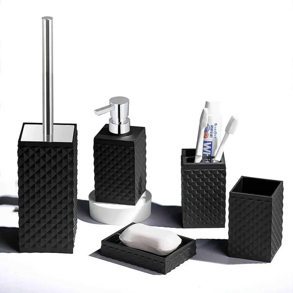 Black Bathroom Accessories Set 6 pcs Acrylic Bathroom Decor Gift Set - Toothbrush Holder, Toothbrush Cup, Soap/Lotion Dispenser, Toilet Brush and Holder, Soap Dish, Housewarming Gift Black