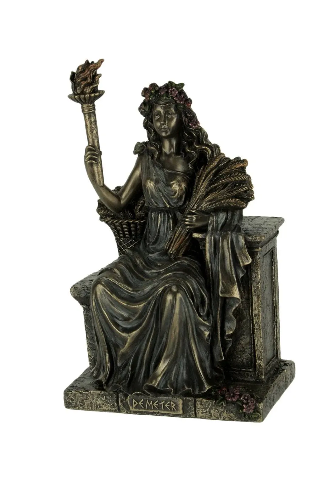 9&quot; Veronese Demeter Greek Goddess of Harvest on Throne Statue Bronze Finish