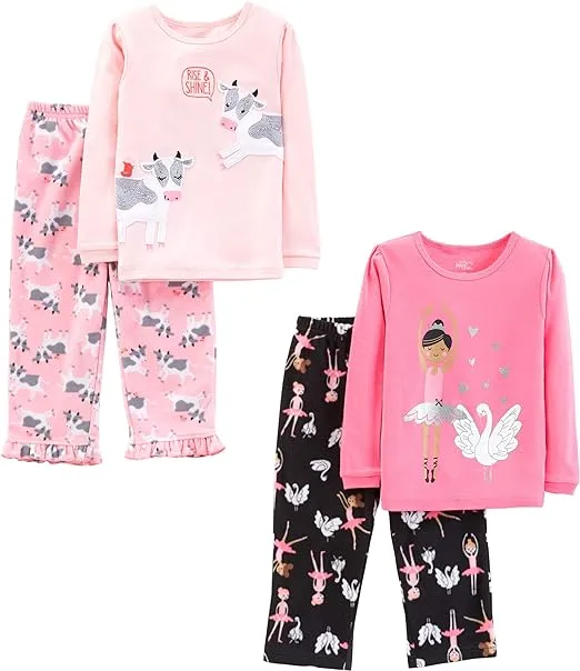 Simple Joys by Carter's Little Kid and Toddler Girls' 4-Piece Pajama Set (Cotton Top & Fleece Bottom) 7 Daddy/Fox/Rabbit