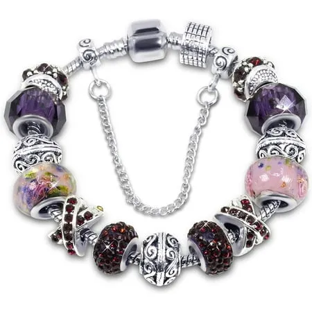 Savlano Silver Tone Charm Bracelet With Purple Crystal And Murano Glass Beads Snake Chain For Women & Girls