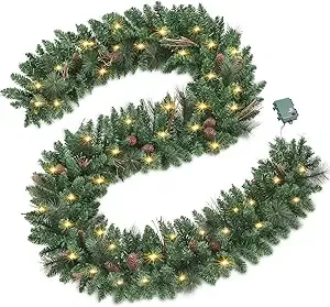 9FT Pre-lit Christmas Garland, with 50 LED Lights, Xmas Garland with Pine Cones