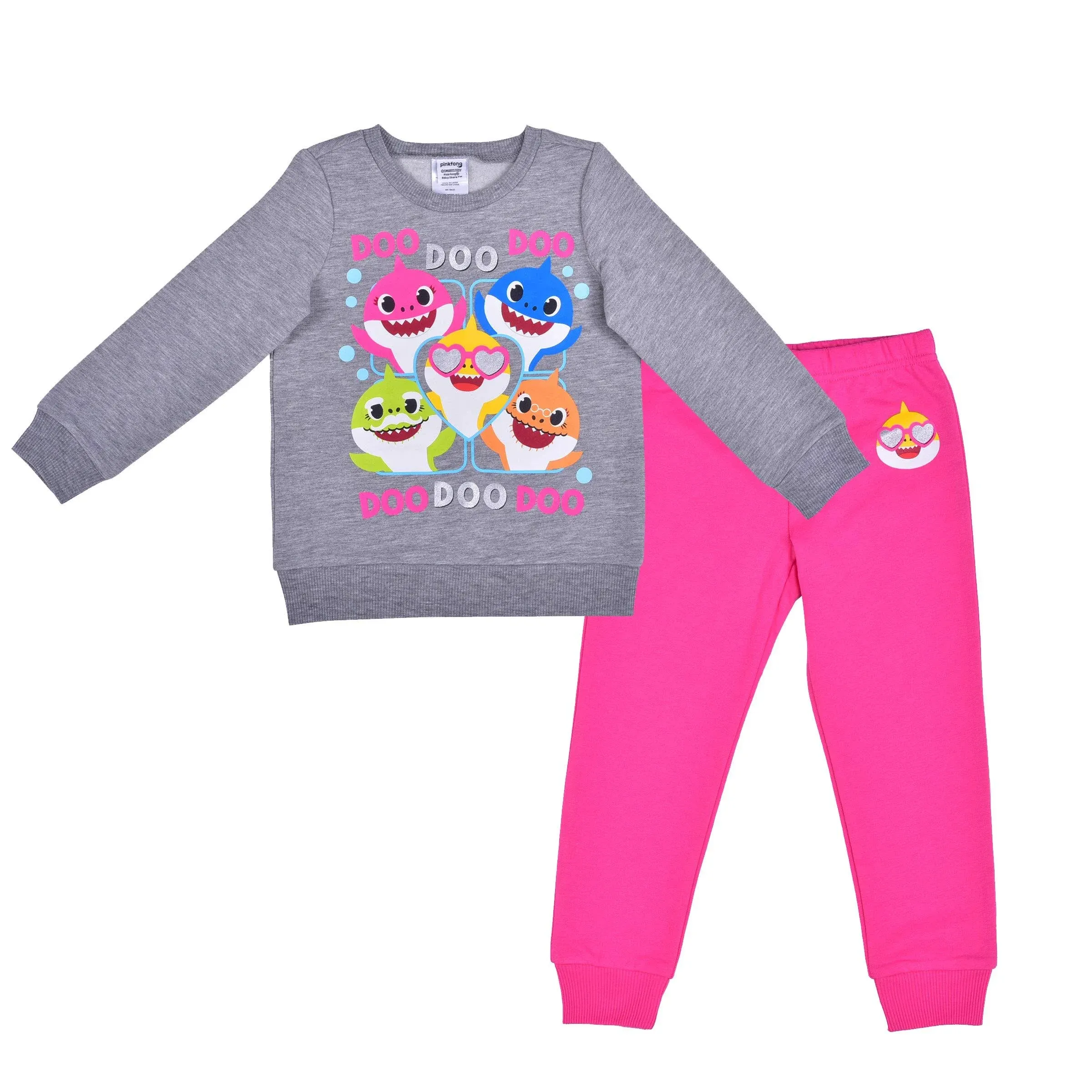 Nickelodeon Girl's 2-Pack Baby Shark Graphic Pullover Sweatshirt and Jogger Pant Set - Grey/Pink, Size 12 Months