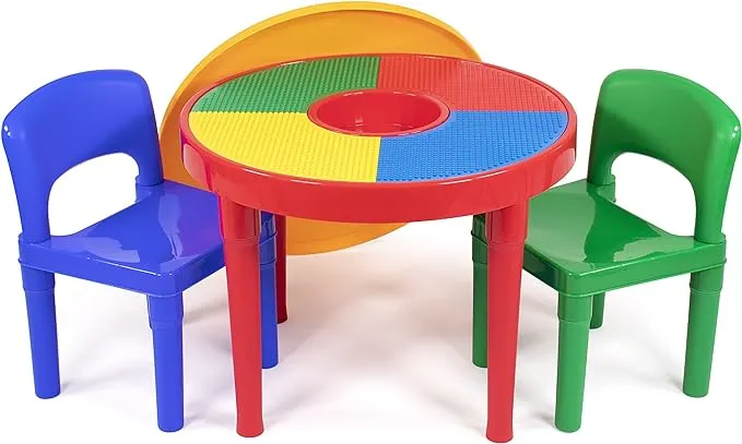 Humble Crew Primary Toddler 2-in-1 Plastic Building Blocks-Compatible Activity Table and 2 Chairs Set, Round, Primary