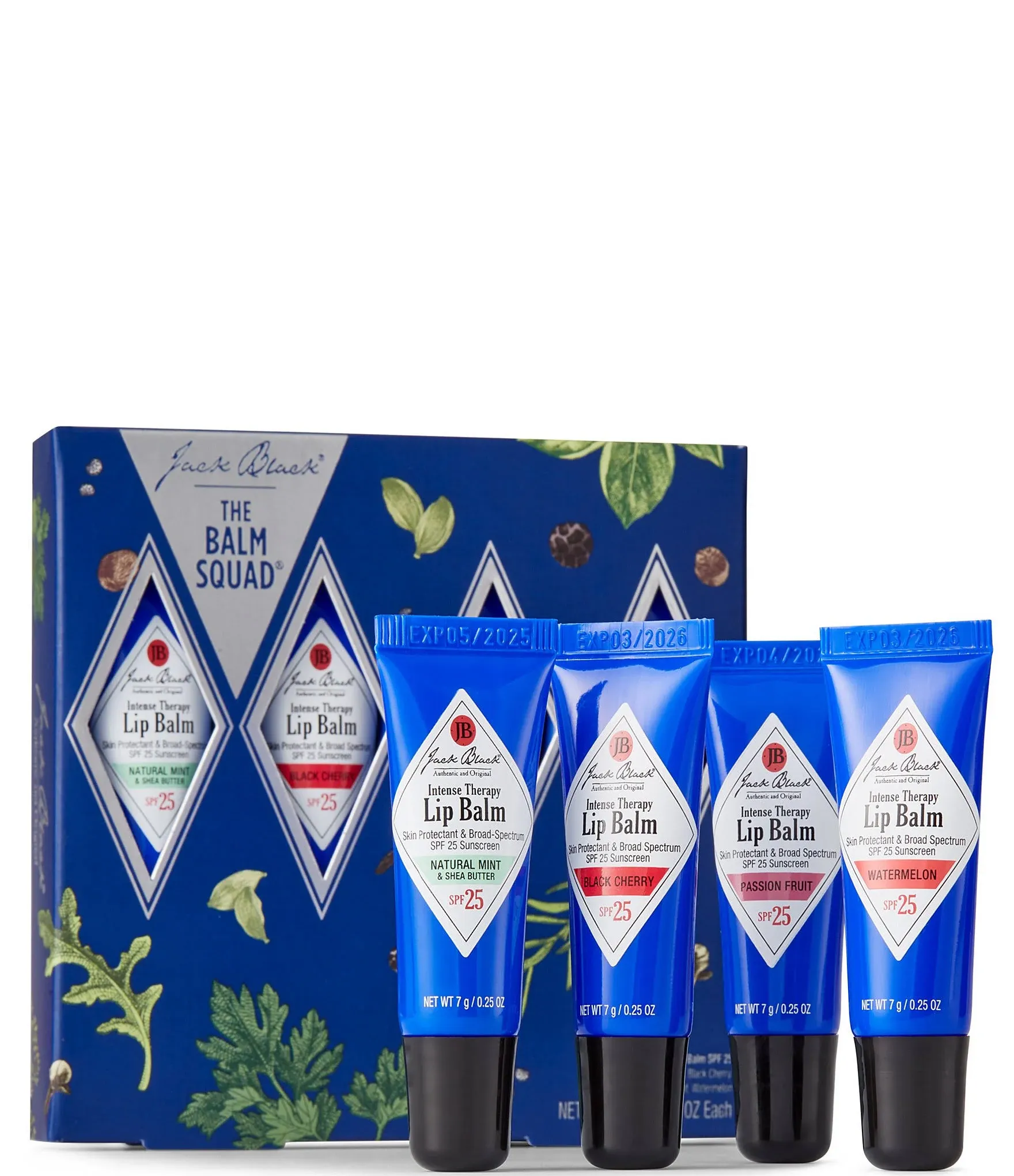 Jack Black The Balm Squad Gift Set for Men & Women – Natural Mint & Shea Butter Lip Balm & Limited-Edition Black Cherry, Passion Fruit & Watermelon – Lip Moisturizer, Hydrating Lip Balm with SPF