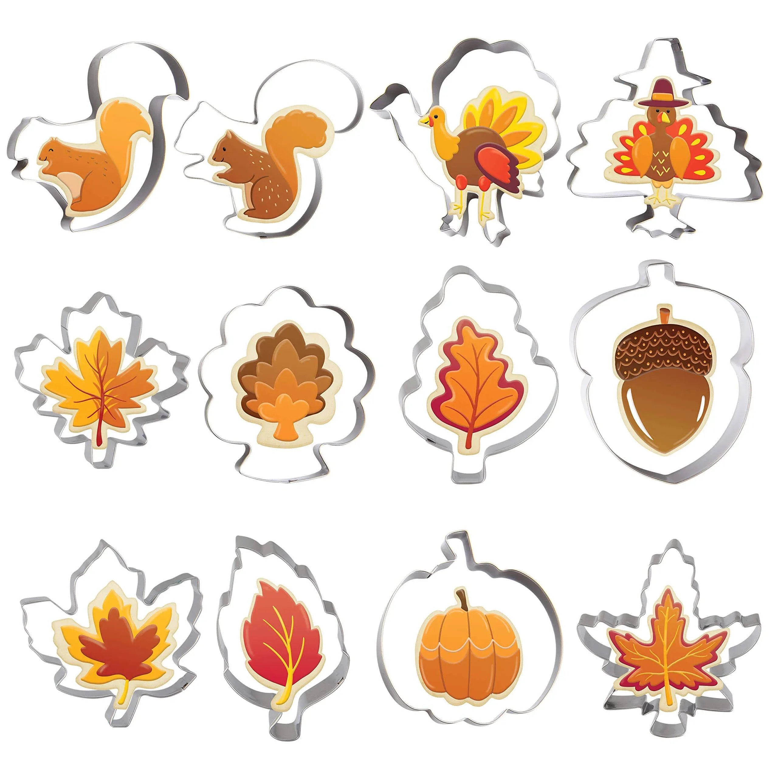 JOYIN Fall Thanksgiving Cookie Cutter Set 12 PCS Pumpkin, Turkey, Maple Leaf, Oak Leaf, Squirrel and Acorn for Autumn Thanksgiving Christmas Wedding Party Biscuit Fondant Cutters Stainless Steel