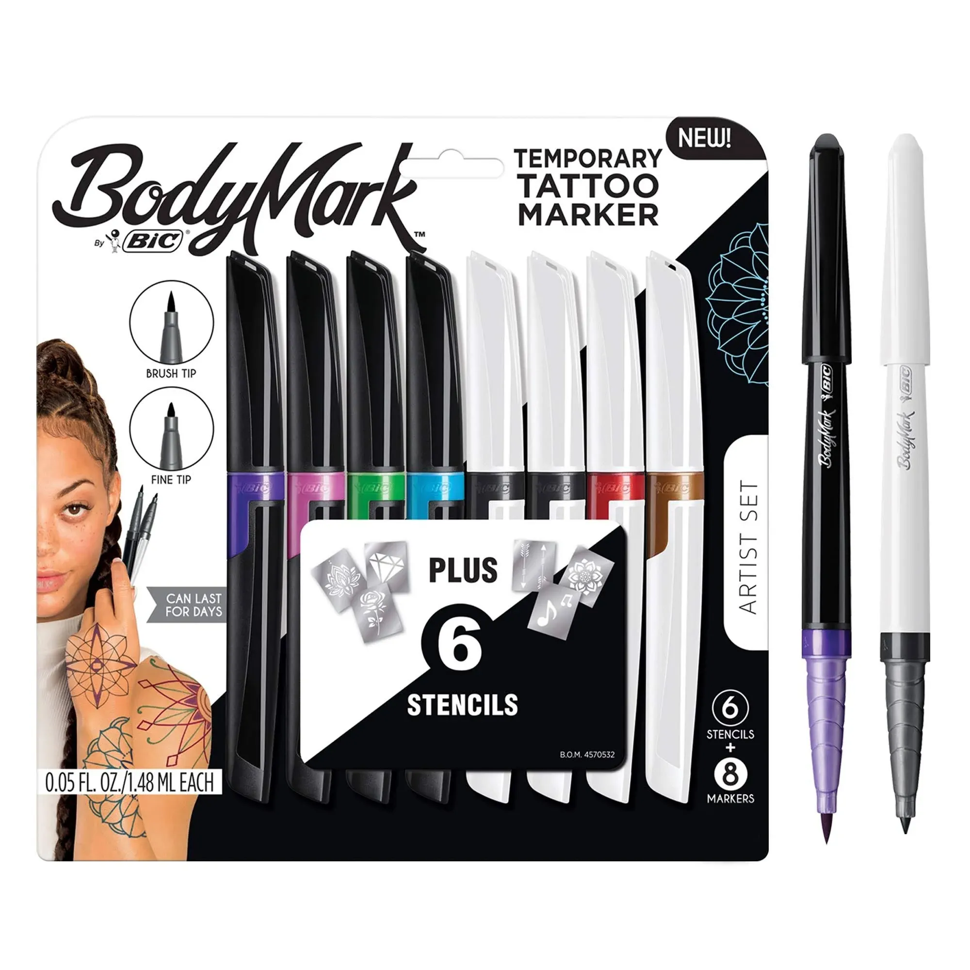 Bic BodyMark Temporary Tattoo Marker, Brush Tip and Fine Tip, Assorted Colors, 8