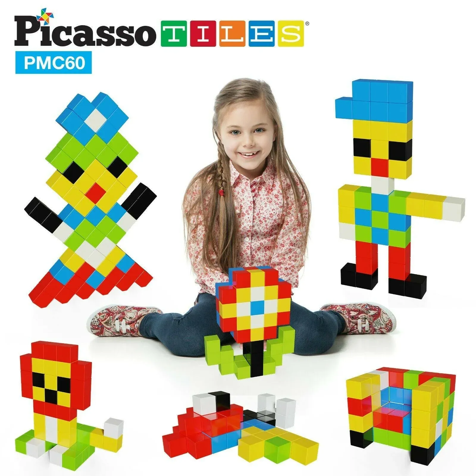 PicassoTiles 60 Piece Magnetic Puzzle Cubes Sensory Toy Set