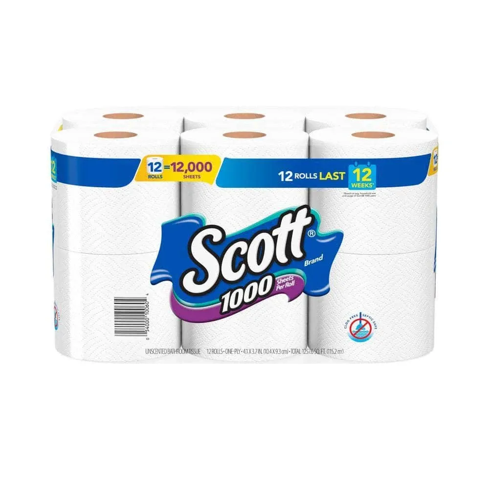 Scott 1,000 Toilet Paper, 12 Rolls, 1,000 Sheets per Roll