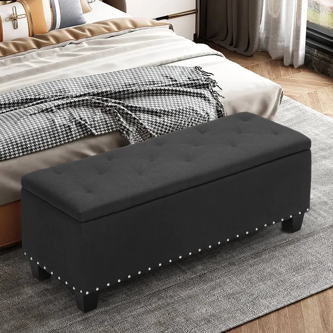 MoNiBloom 42 inch Long Ottoman with Storage, Black Linen Foot Stool Upholstered ...