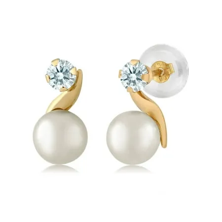 Gem Stone King 14K Yellow Gold Cultured Freshwater Pearl and White Zirconia Earrings For Women