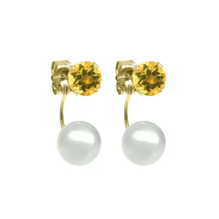 Gem Stone King 14k Yellow Gold Earrings Round 5 mm Yellow Citrine with 6mm Cultured Freshwater Pearl Jackets (0.90 cttw)