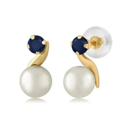 Gem Stone King 14K Yellow Gold 0.26 Ct Round 3mm Sapphire and Cultured Freshwater Pearl Earrings