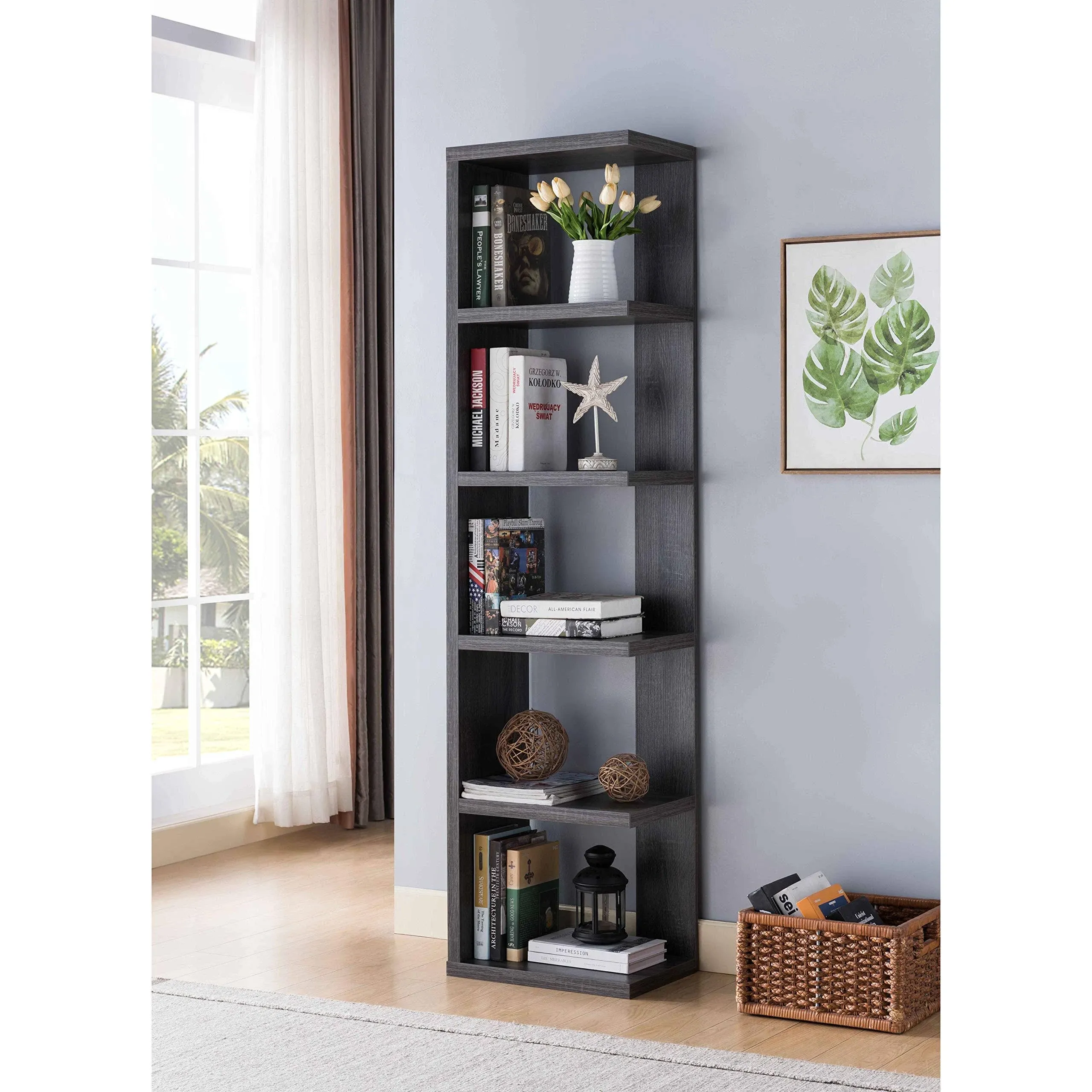 ICE ARMOR 5-Tier Tall Bookshelf Storage Display Rack 71" H Corner Bookcase for Living Room and Home Office in Distressed Grey Finish,ID99202660