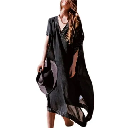 Half Sleeve Kaftan Black Beach Cover Up Dress